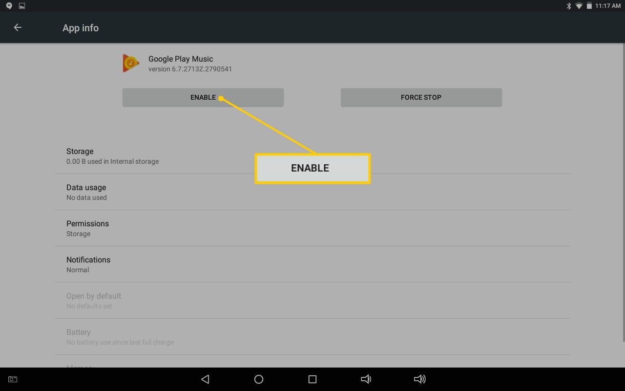 Кнопка включения в информации приложения для Android