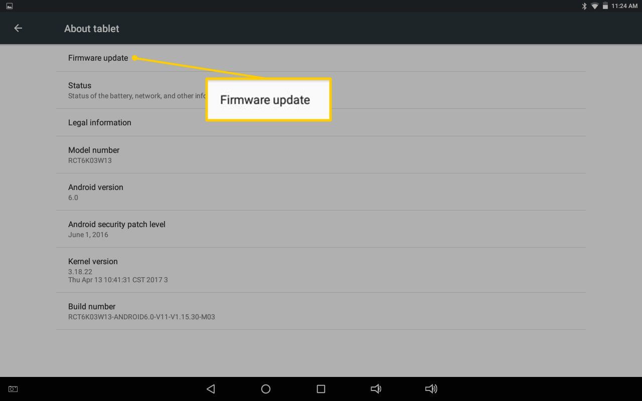 Кнопка обновления прошивки в разделе О настройках планшета на Android