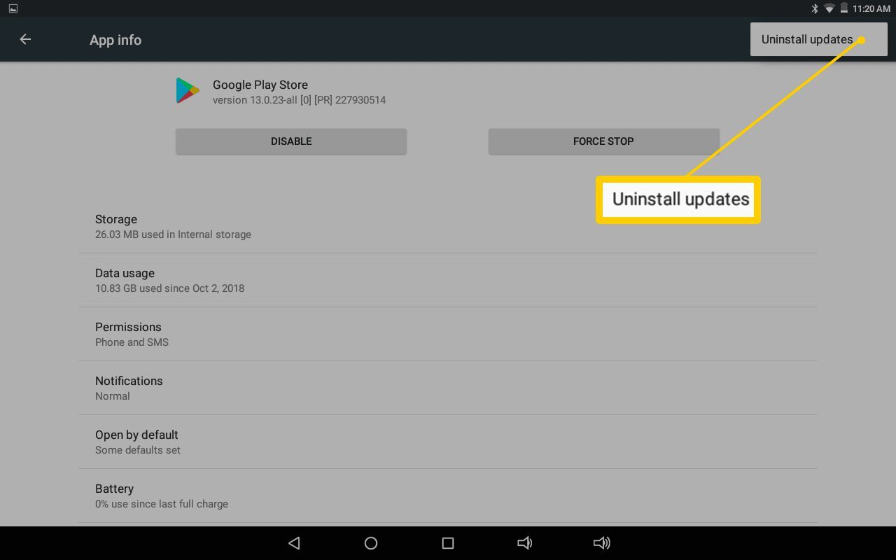 Кнопка удаления обновлений на странице информации о приложении Google Play Store