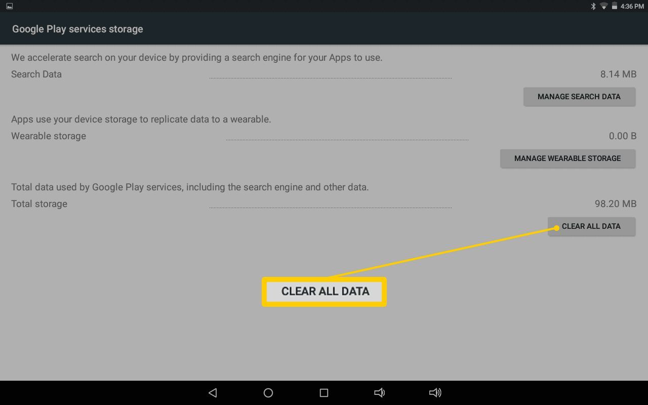 Кнопка «Очистить все данные» на странице хранения сервисов Google Play
