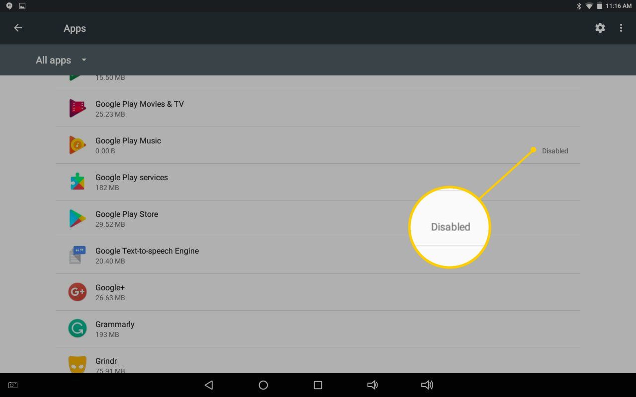 Отключенный статус для Google Play Music в Настройках приложений на Android