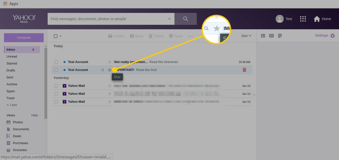 Почтовый ящик Yahoo Mail с выделенным значком звезды