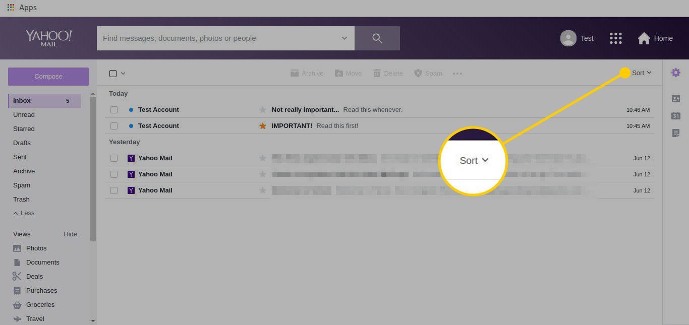 Почтовый ящик Yahoo Mail с выделенным меню Сортировка