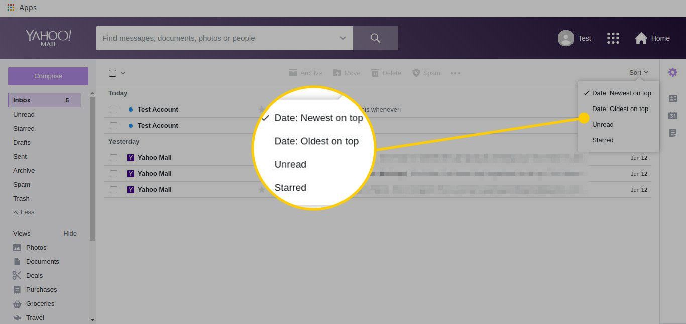 Почтовый ящик Yahoo Mail с выделенными опциями сортировки