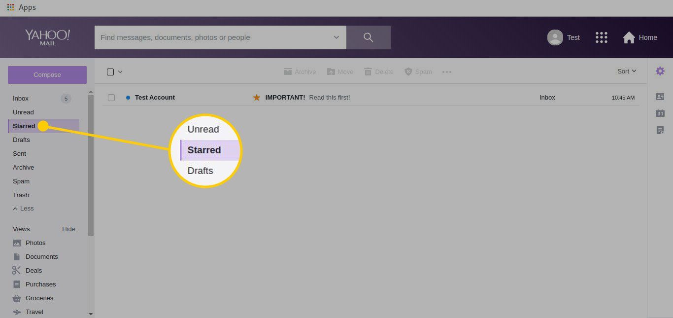 Почта Yahoo с выделенной звездочкой