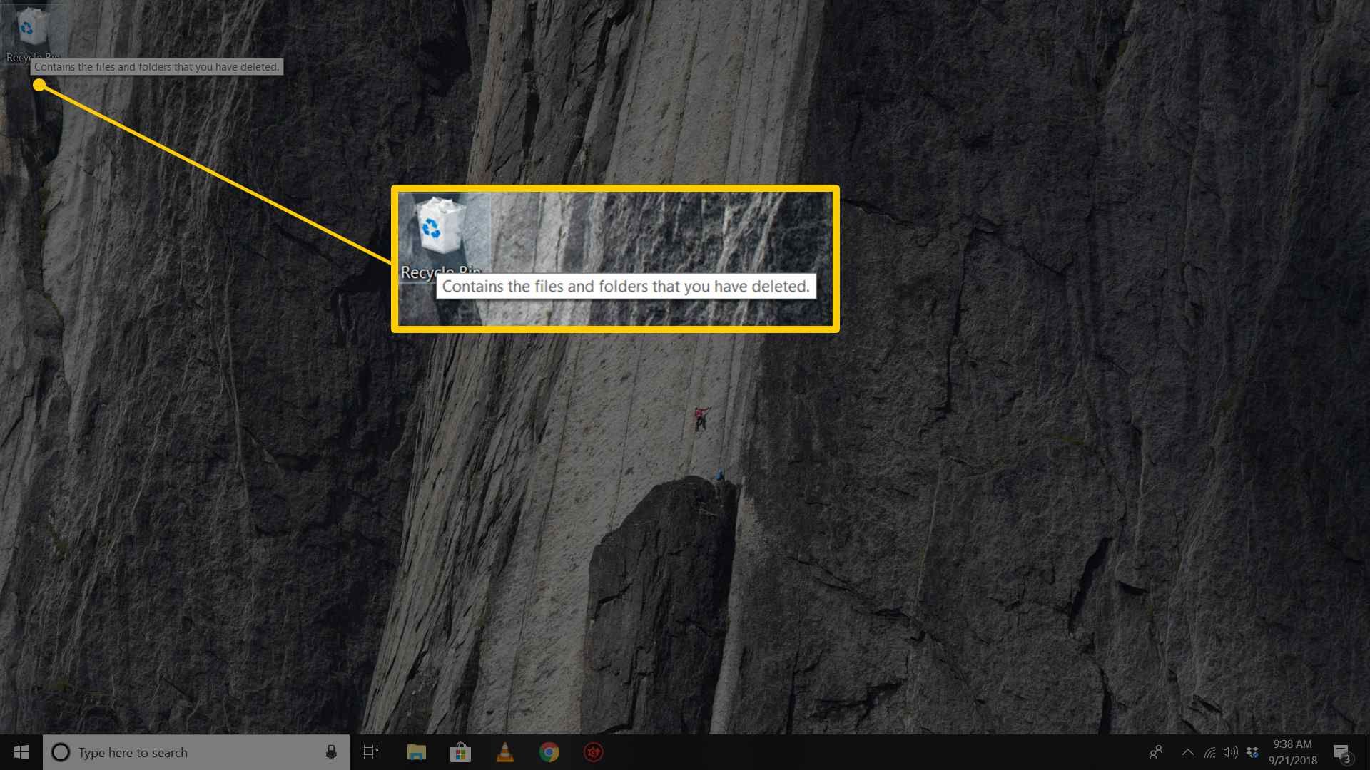Снимок экрана рабочего стола Windows с подсветкой корзины