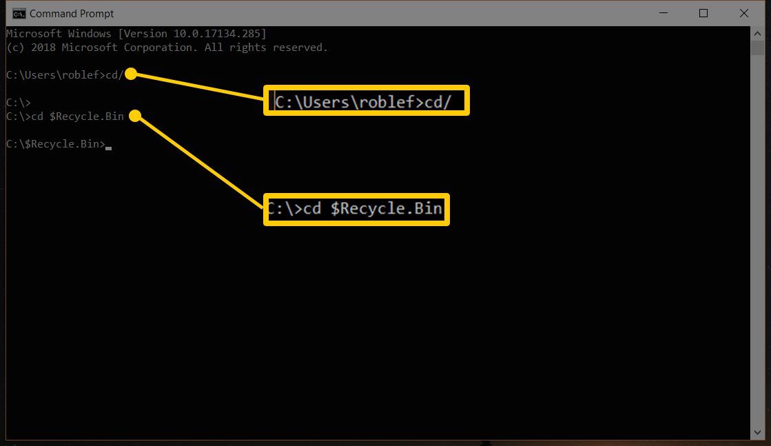 Скриншот командной строки с подсветкой команд cd / и cd $ Recycle.Bin