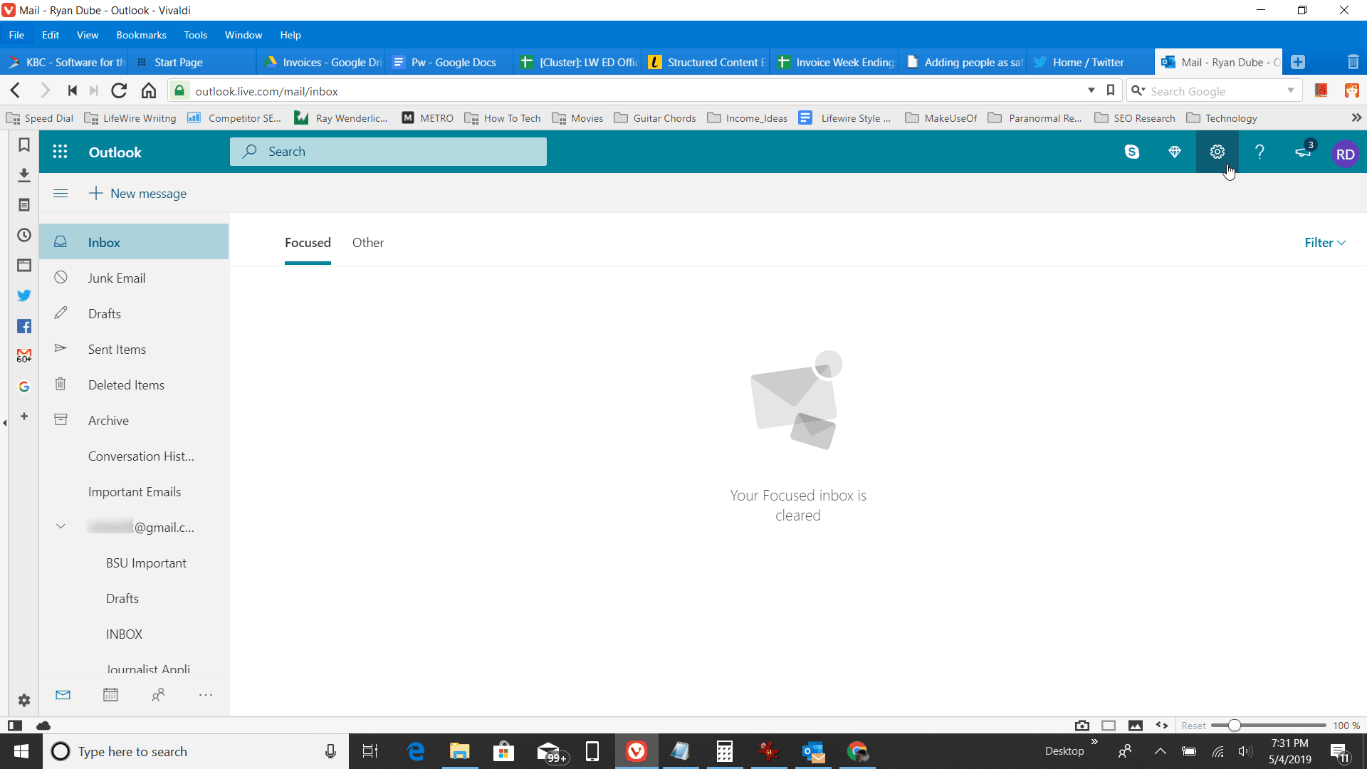 Скриншот значка настроек в Outlook онлайн