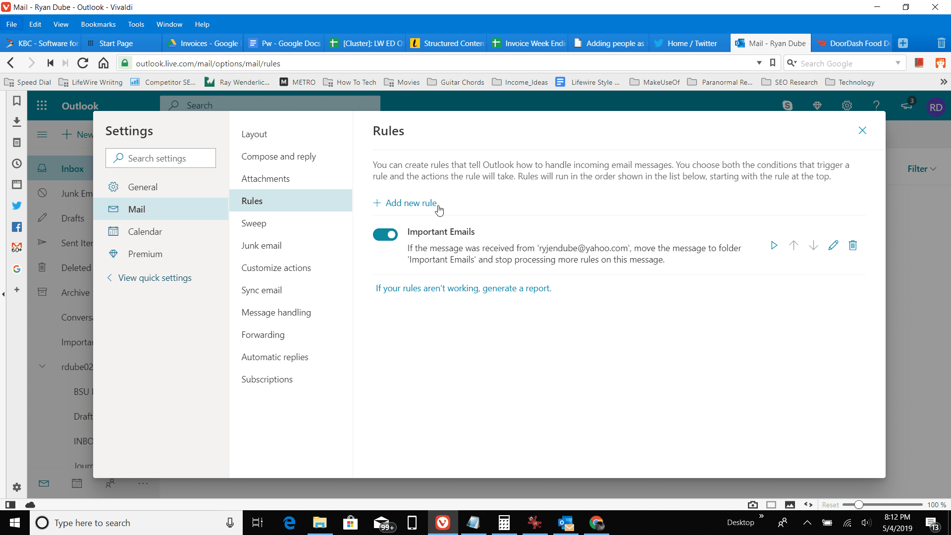 Снимок экрана: добавление нового правила в Outlook онлайн