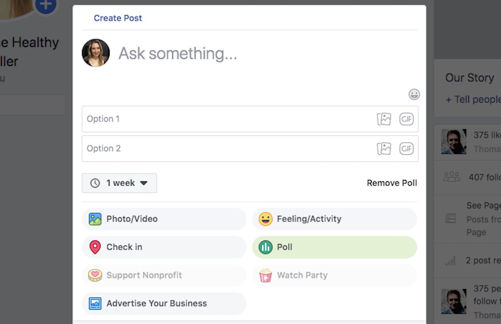 Снимок экрана Facebook, изображающий создание опроса для общения с фанатами Facebook Page