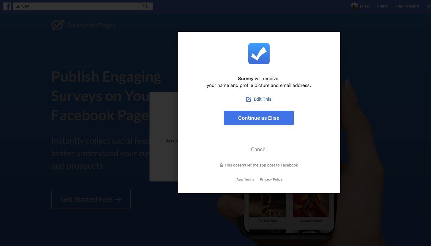 Скриншот Facebook's Survey for Pages configuration screen