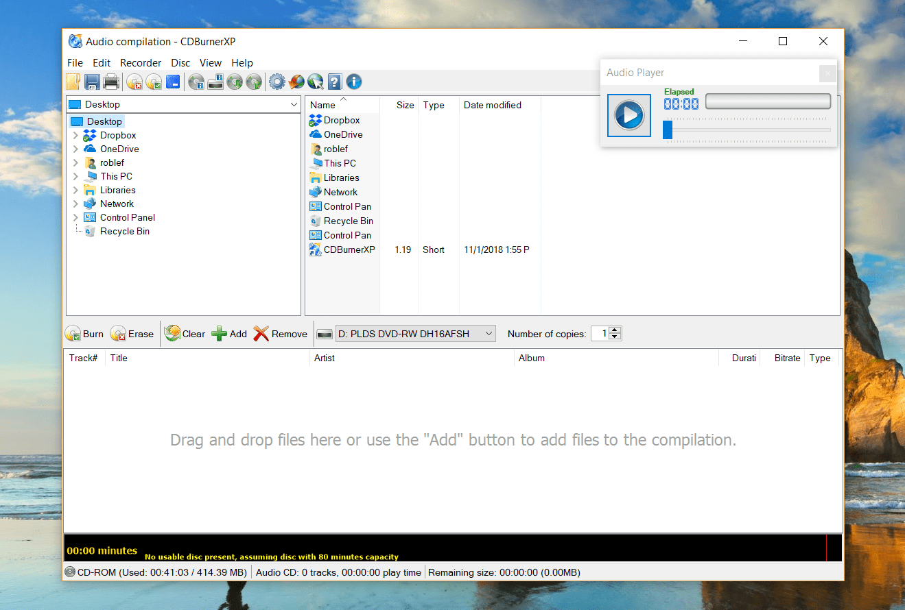 Окно CDBurnerXP в Windows 10