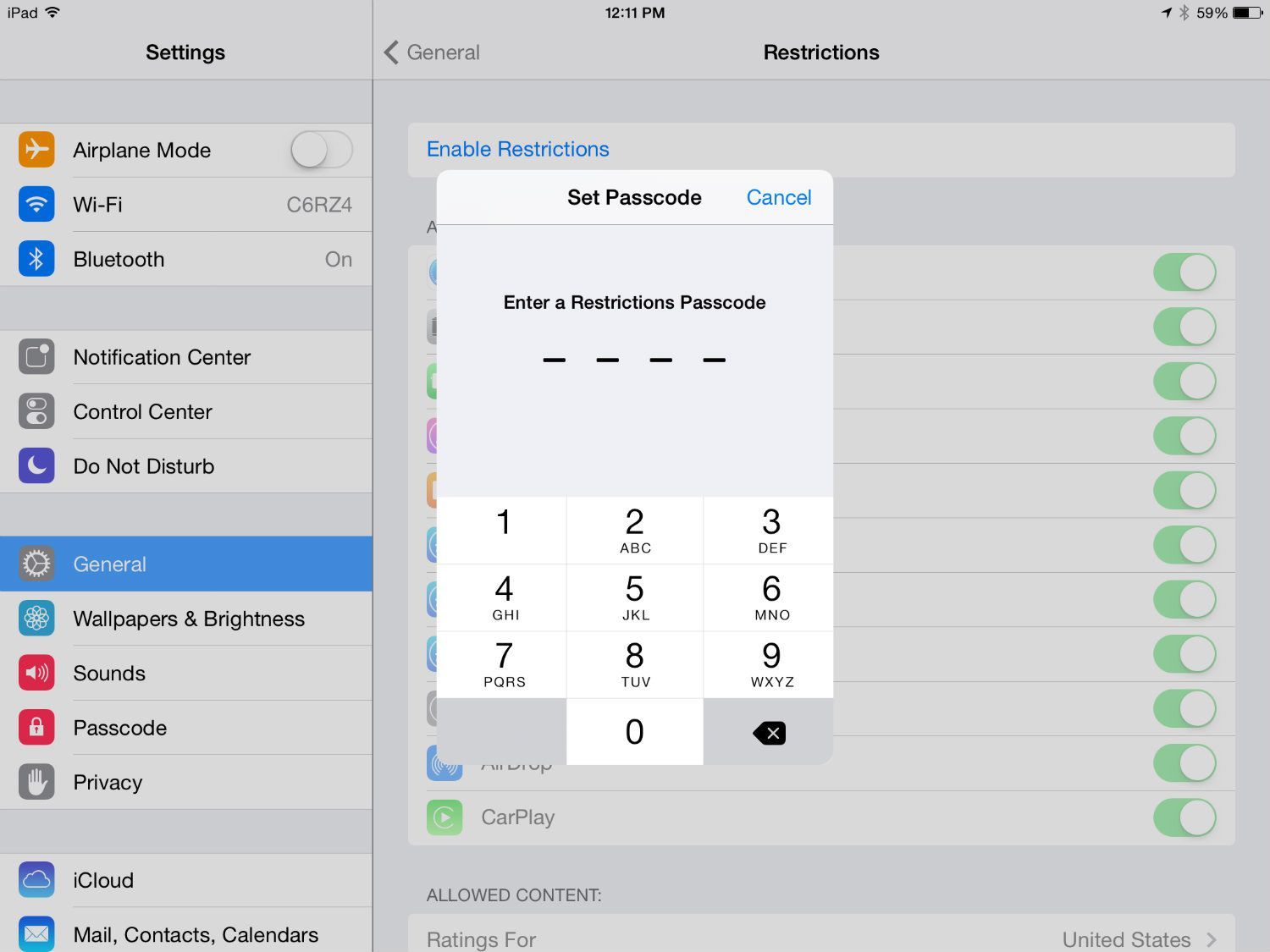 Создать пароль для iPad Родительские ограничения