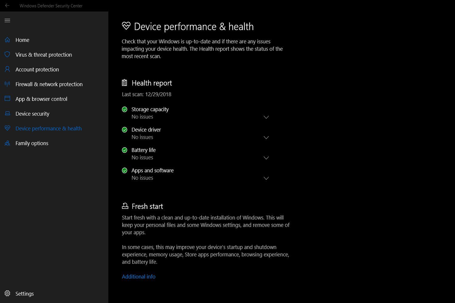 Снимок экрана Центра безопасности Защитника Windows's Health report feature.
