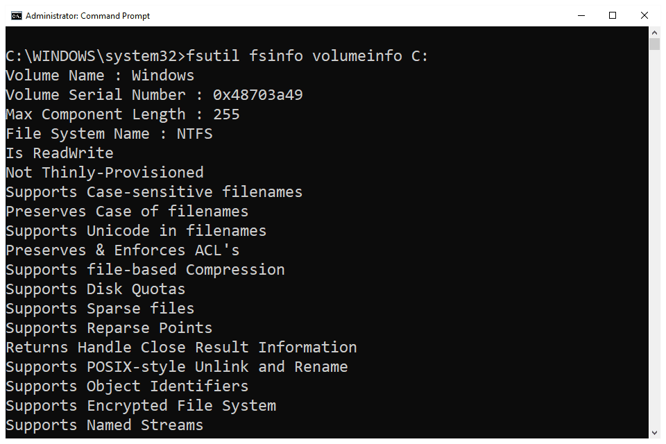 fsutil fsinfo volumeinfo команда в командной строке Windows 10