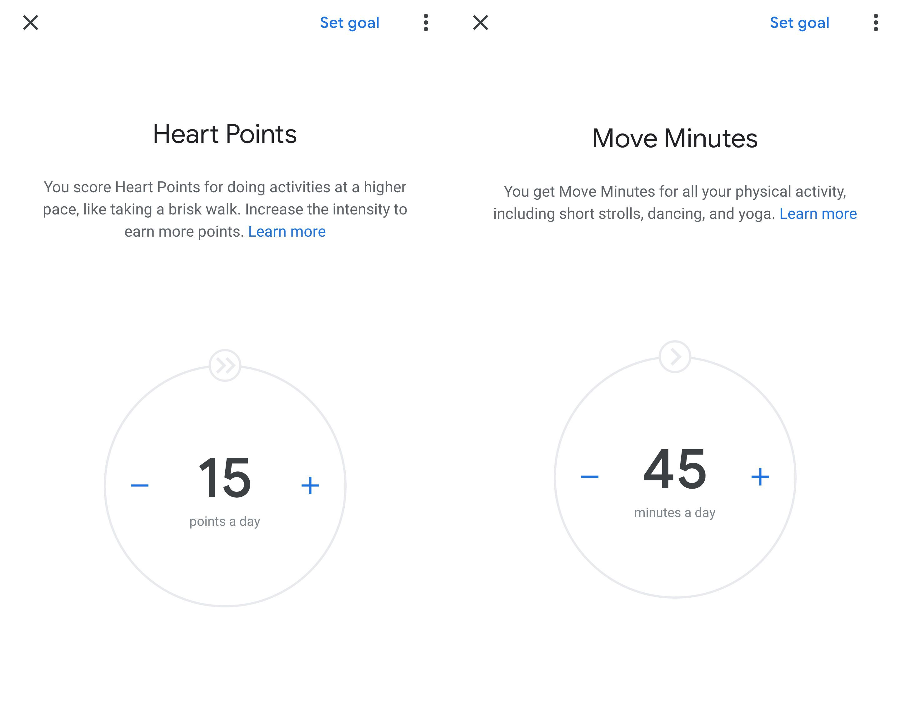 Google Fit экраны с целями для Heart Points и Move минут