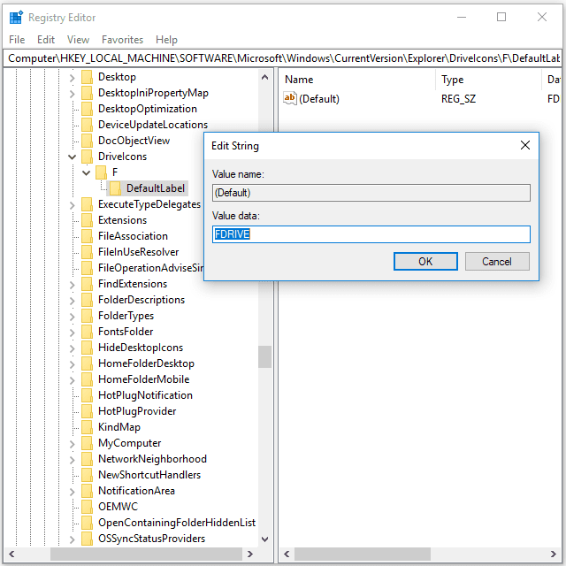 Снимок экрана, показывающий, как изменить метку тома из редактора реестра в Windows 10