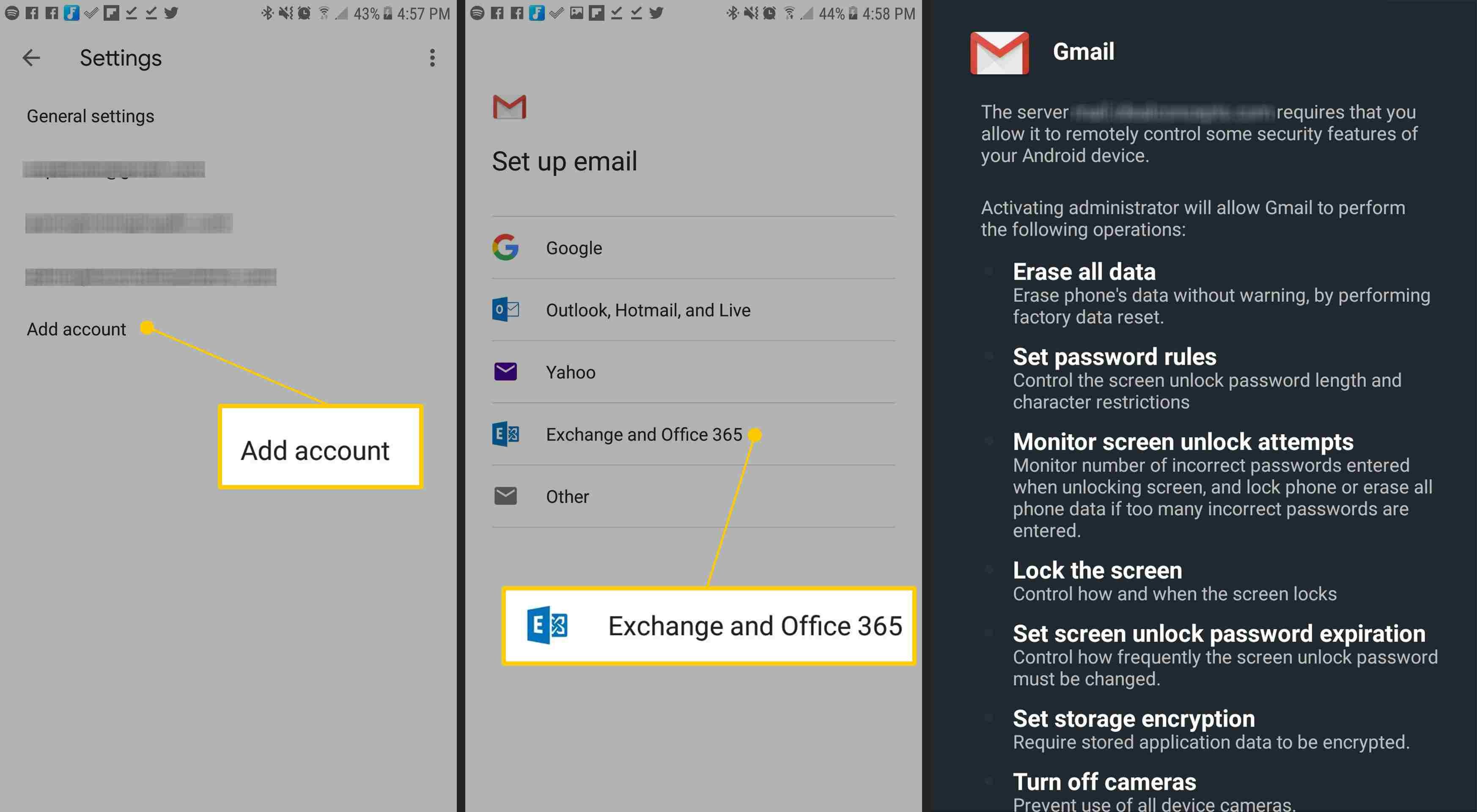 Добавить учетную запись, Exchange и Office 365, экран разрешений в Android