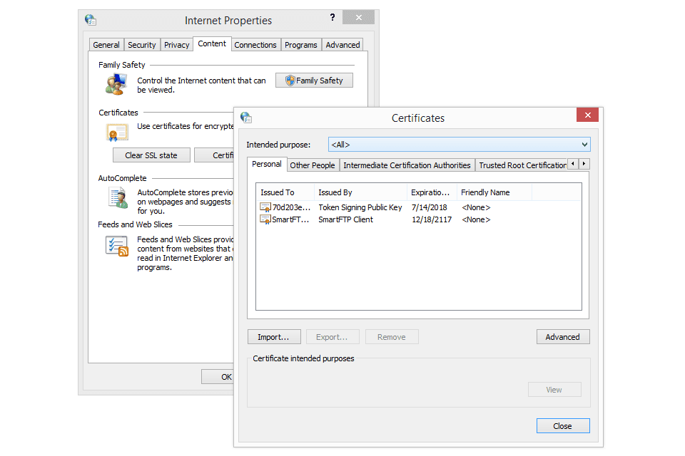 Скриншот сертификатов в Windows 8
