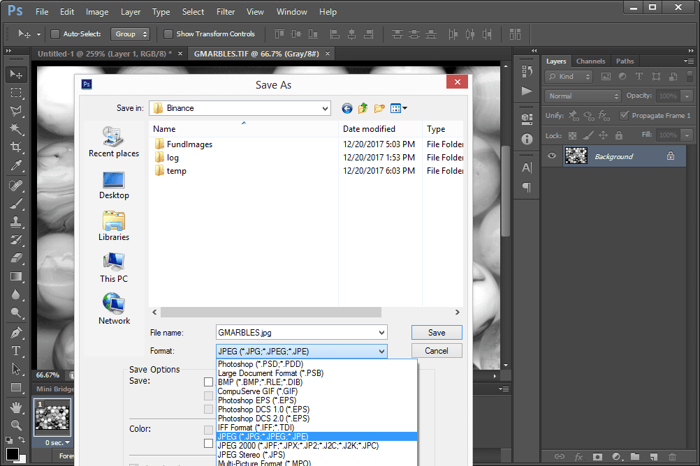 Снимок экрана, показывающий, как конвертировать TIF в JPG с помощью Photoshop