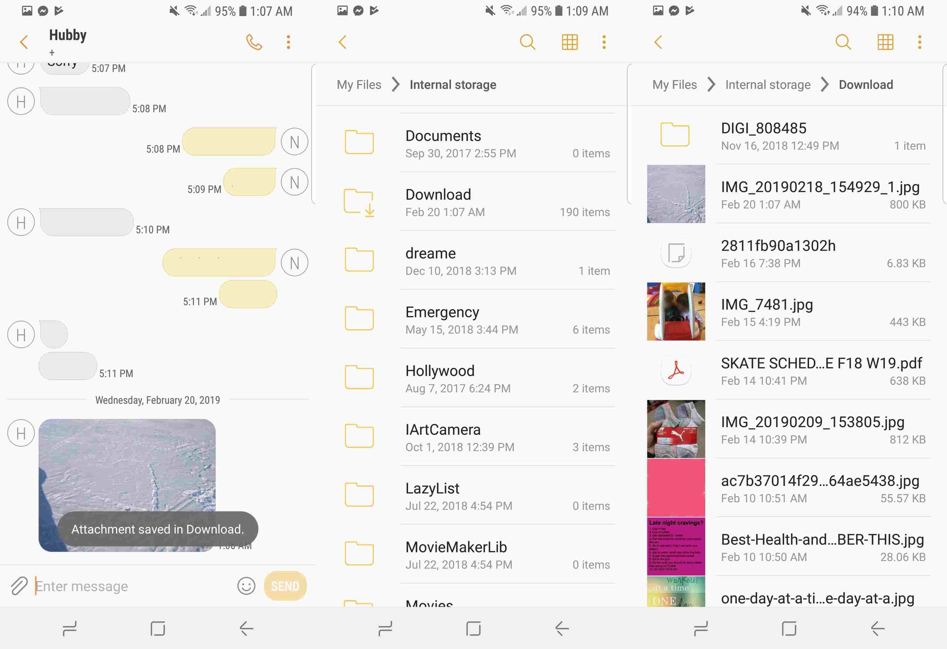 Снимок экрана, показывающий загруженные файлы на устройстве Samsung.