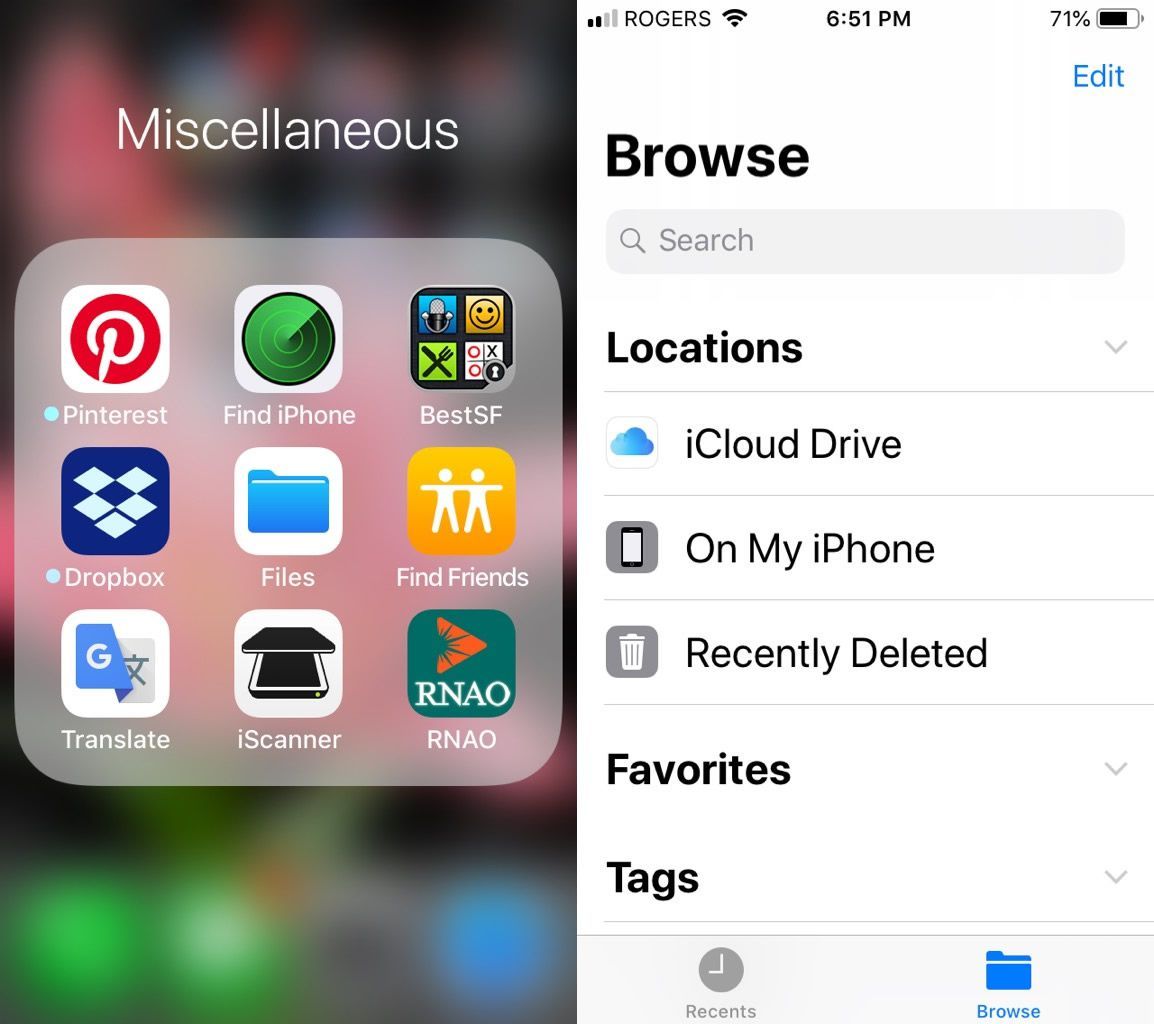 Скриншот Apple's Files app in iOS 12.