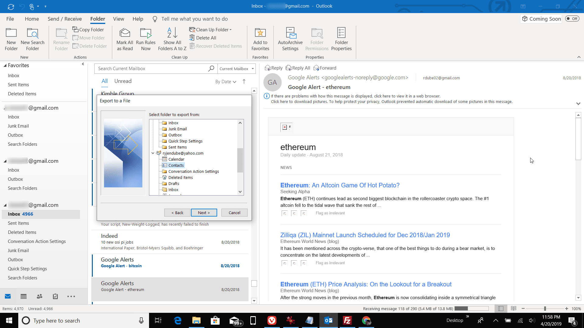 Снимок экрана экспорта контактов в Outlook