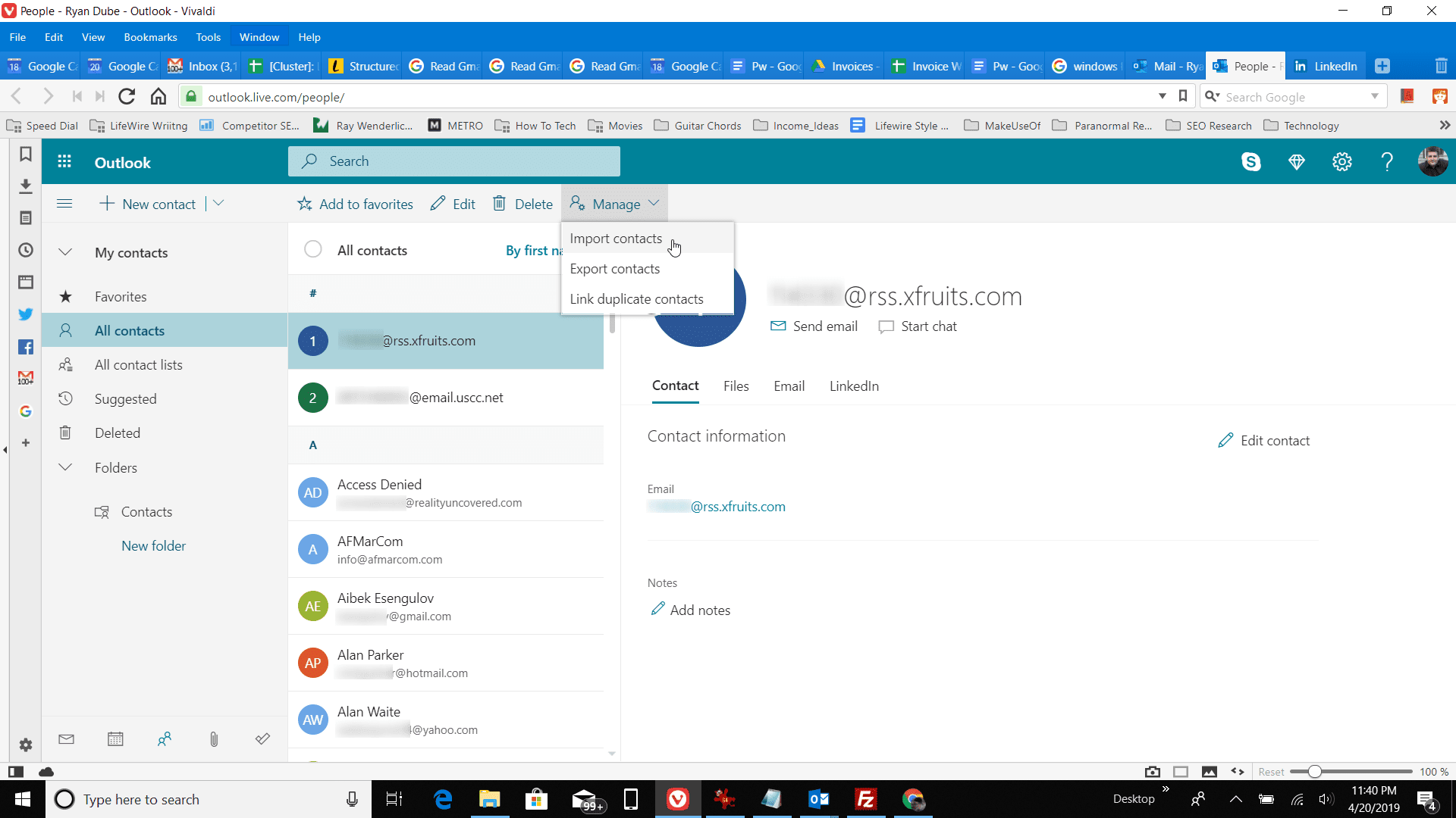 Скриншот импорта контактов в Outlook онлайн