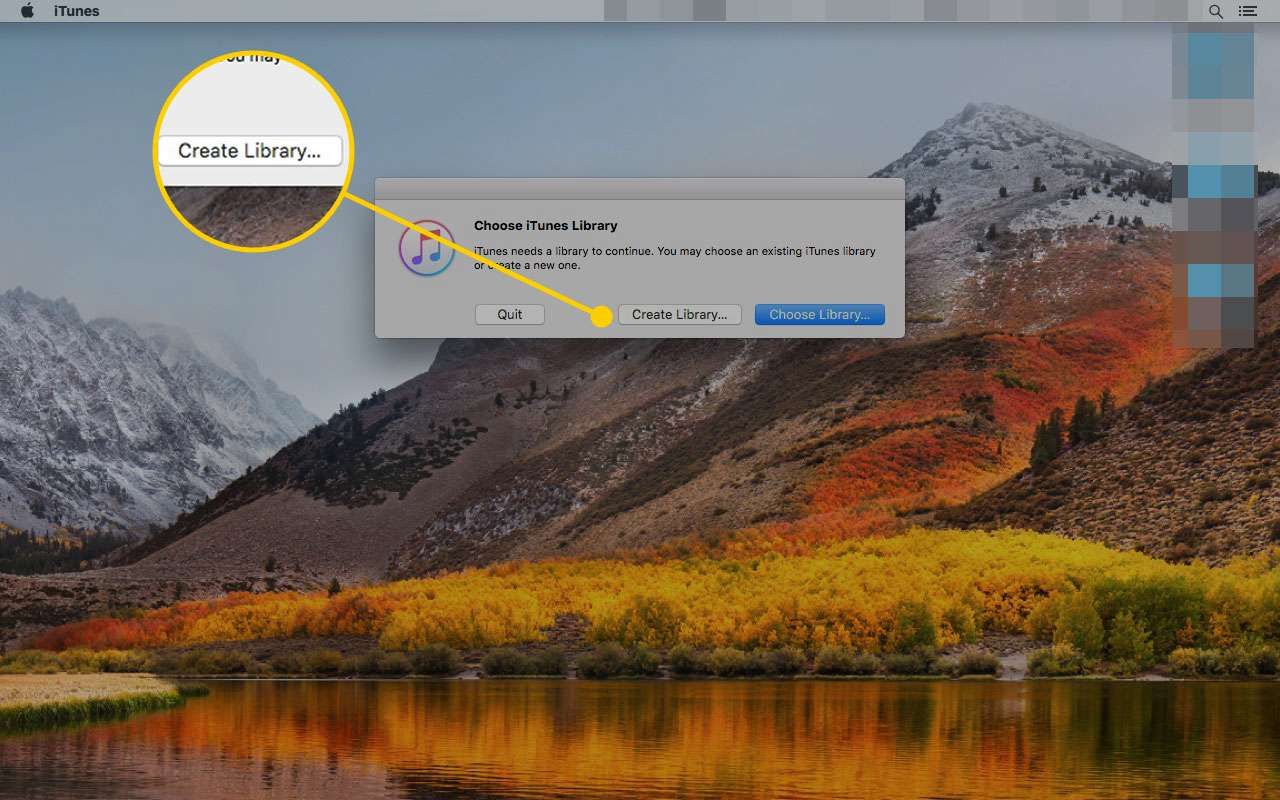 Выберите окно iTunes Library, открытое на Mac, с выделенной кнопкой «Создать библиотеку»