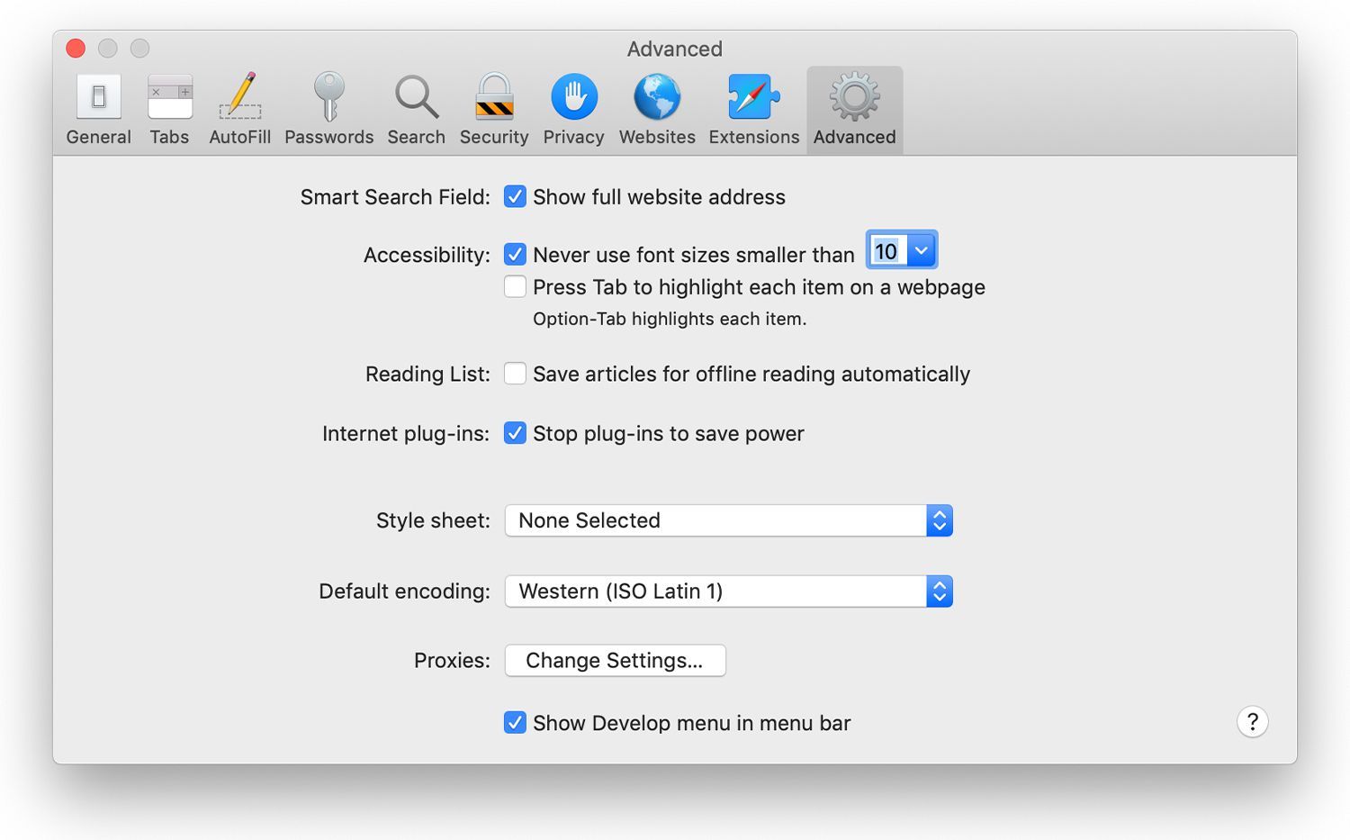 Настройки Mac Advanced Safari, показывающие пункт меню «Разработка»