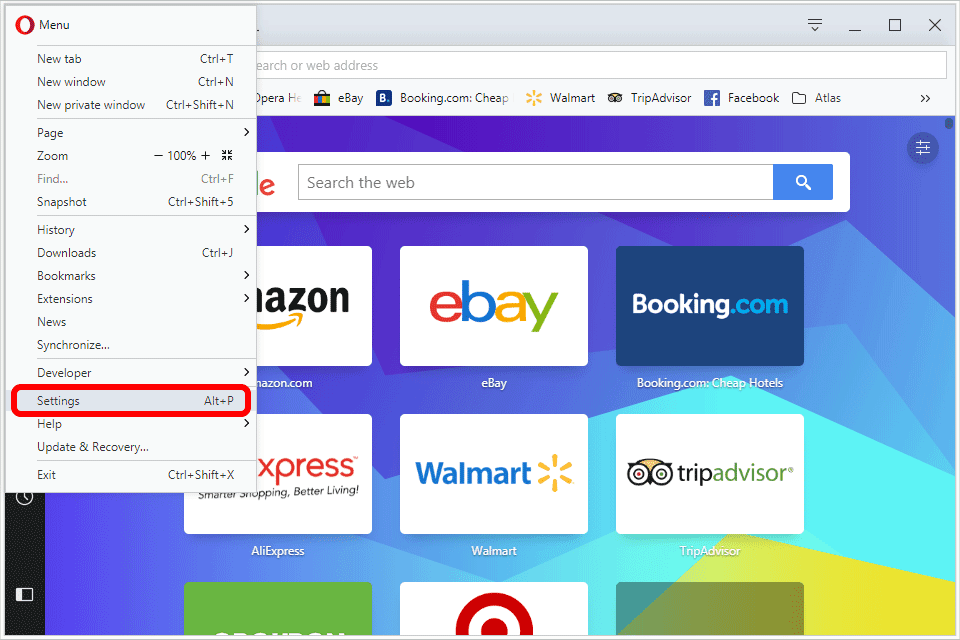 Снимок экрана кнопки настроек Opera в Windows