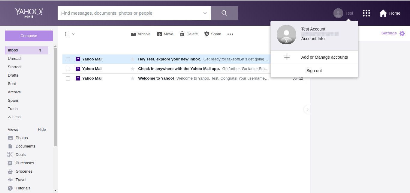 Скриншот меню учетной записи входящей почты Yahoo Mail