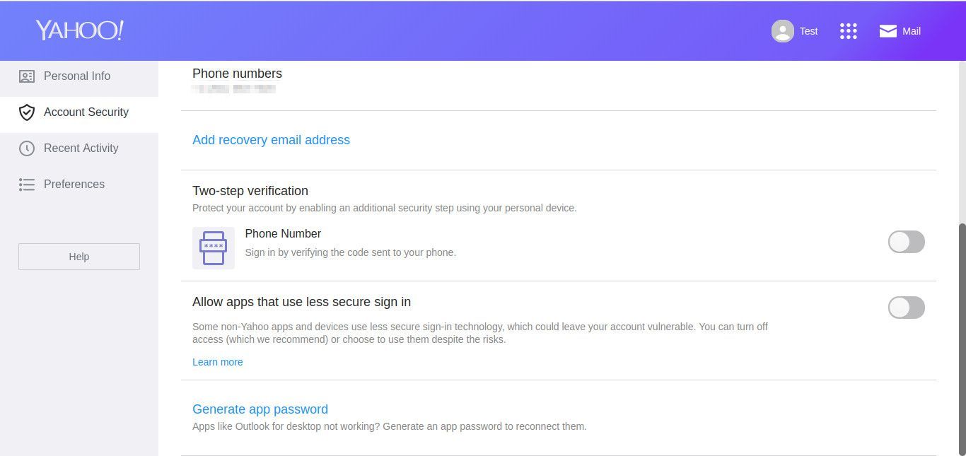Скриншот безопасности учетной записи Yahoo