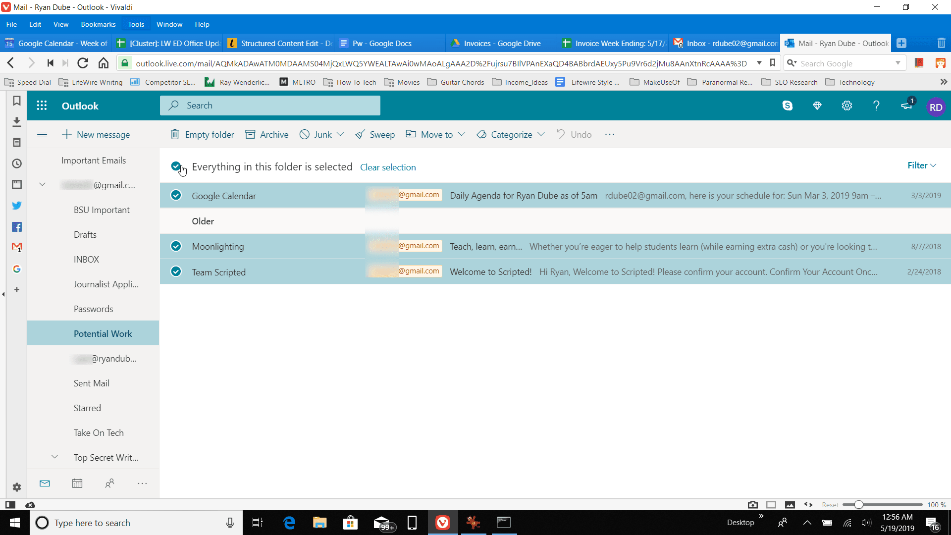 Скриншот выбора всех сообщений в Outlook онлайн