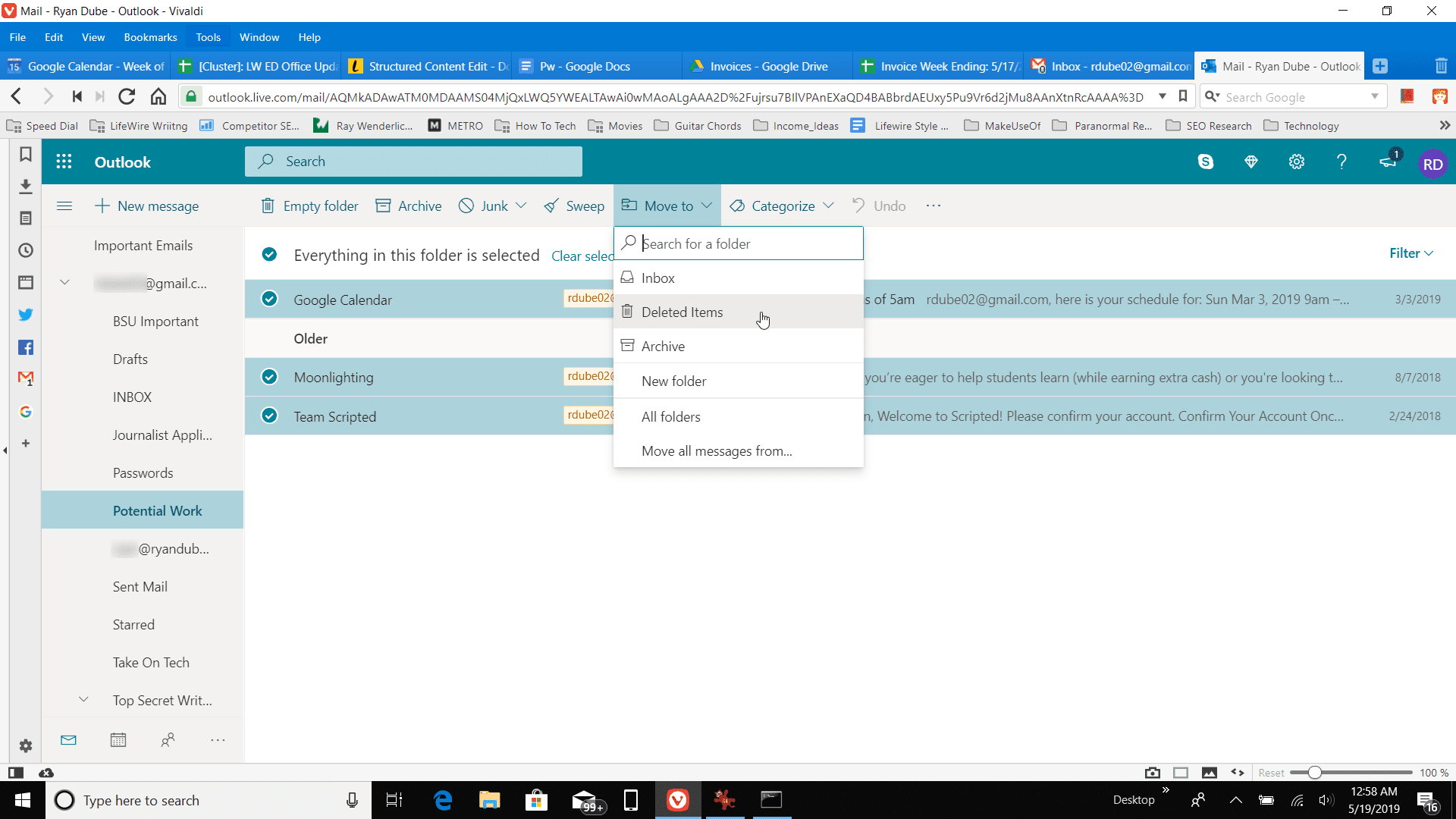 Снимок экрана удаления всех элементов в папке в Outlook онлайн