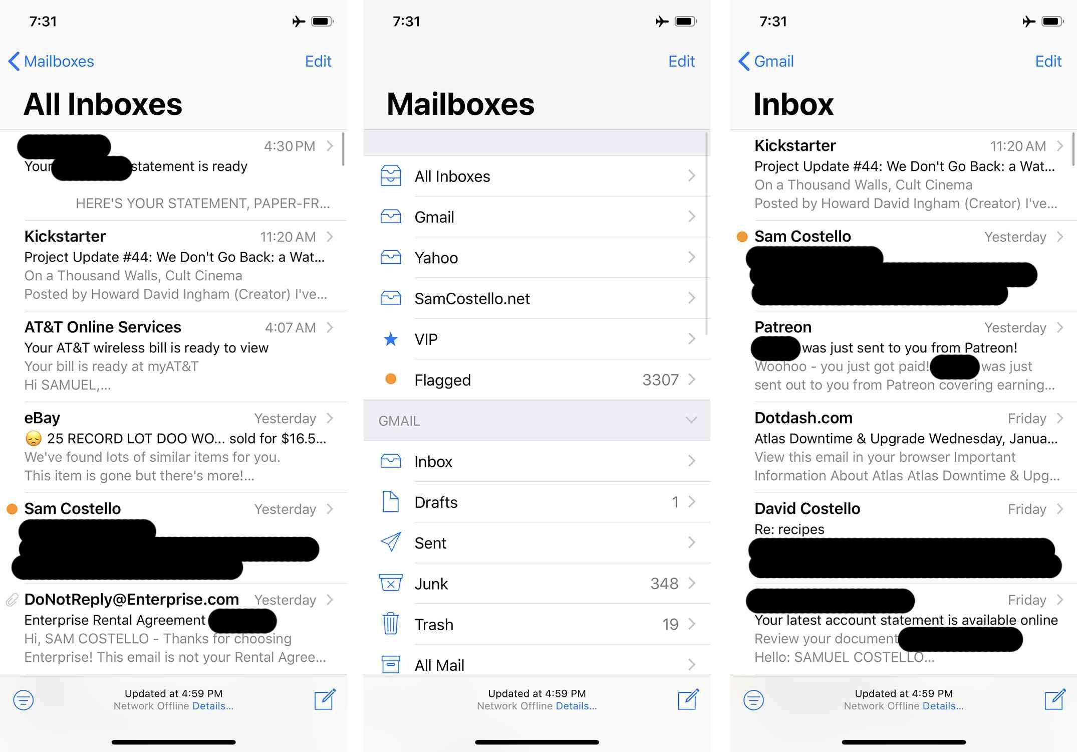 скриншоты просмотра нескольких почтовых ящиков в iphone mail