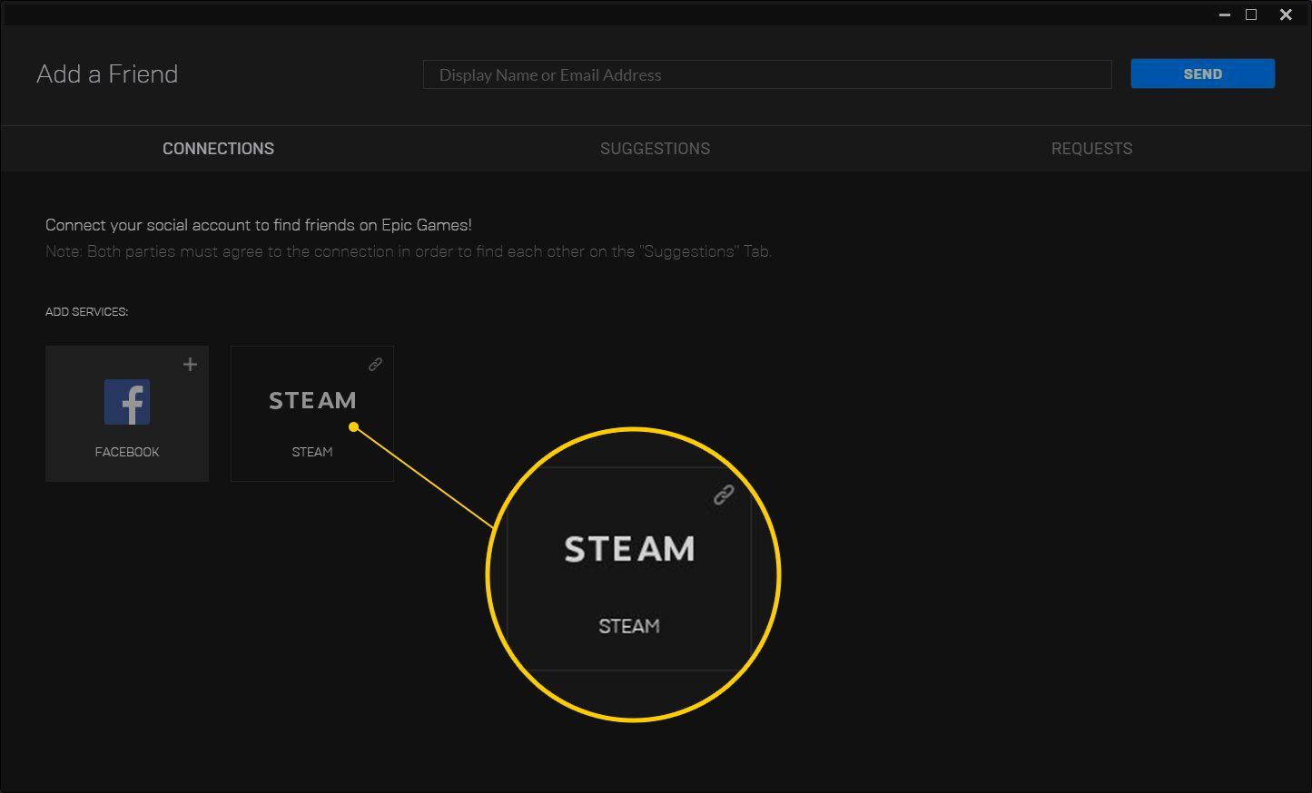 Кнопка Steam на экране добавления друга в Epic Games Launcher