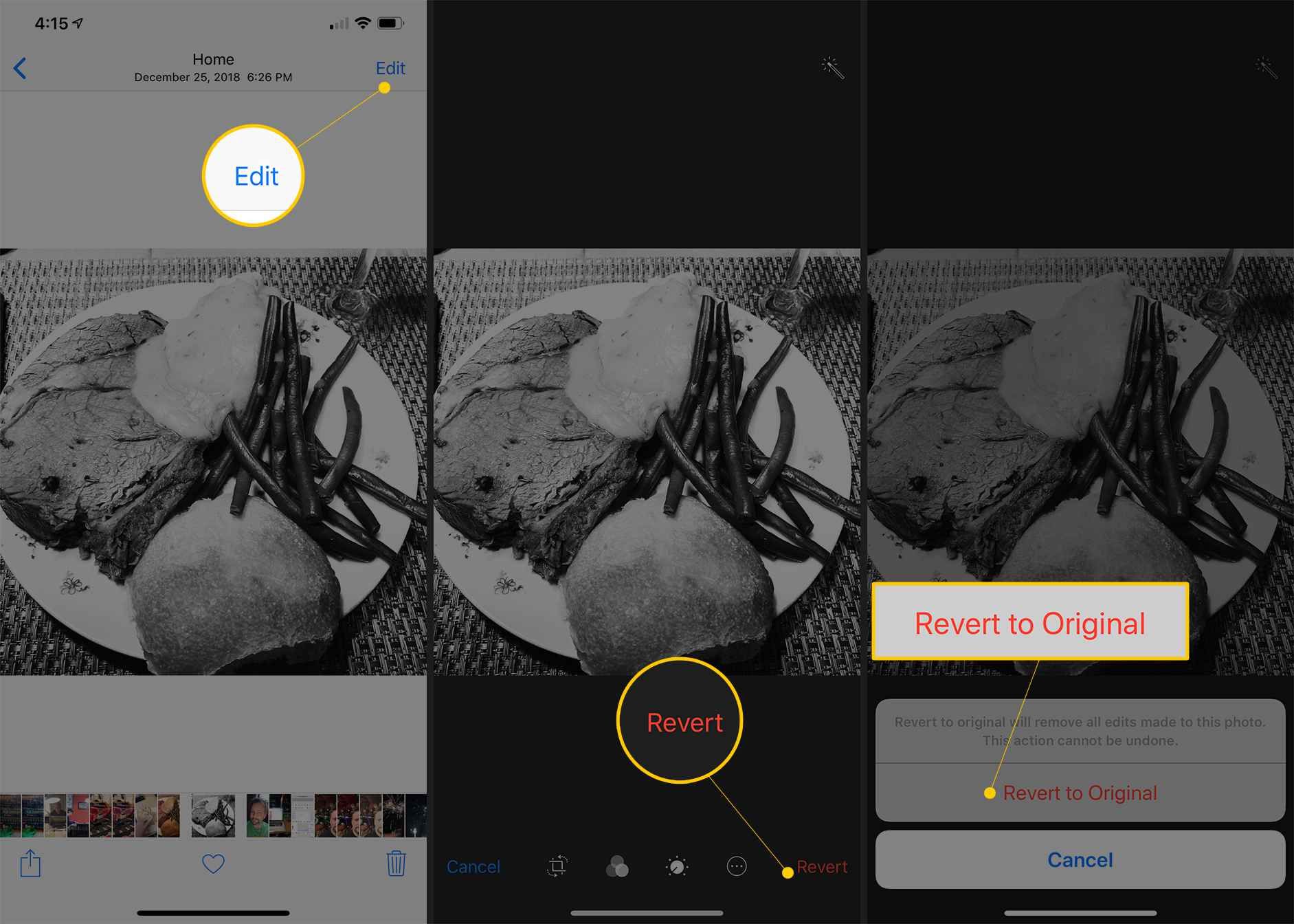 Три экрана приложения iOS Camera с кнопками «Редактировать», «Восстановить» и «Вернуться к оригиналу»