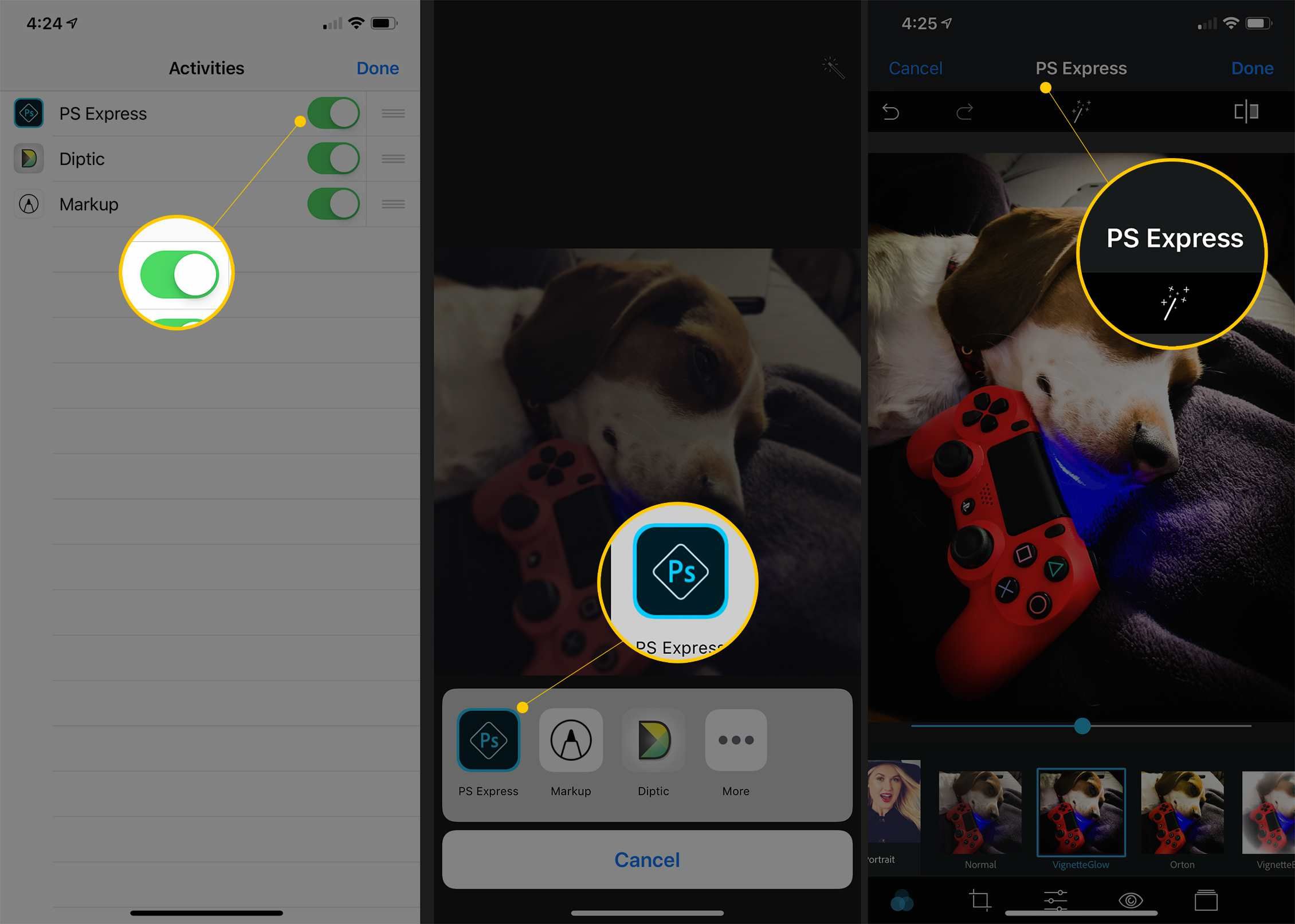 Три экрана iOS, показывающие переключение PS Express в положение ON, PS Express в разделе Дополнительные параметры фотографий и страницу редактирования PS Express