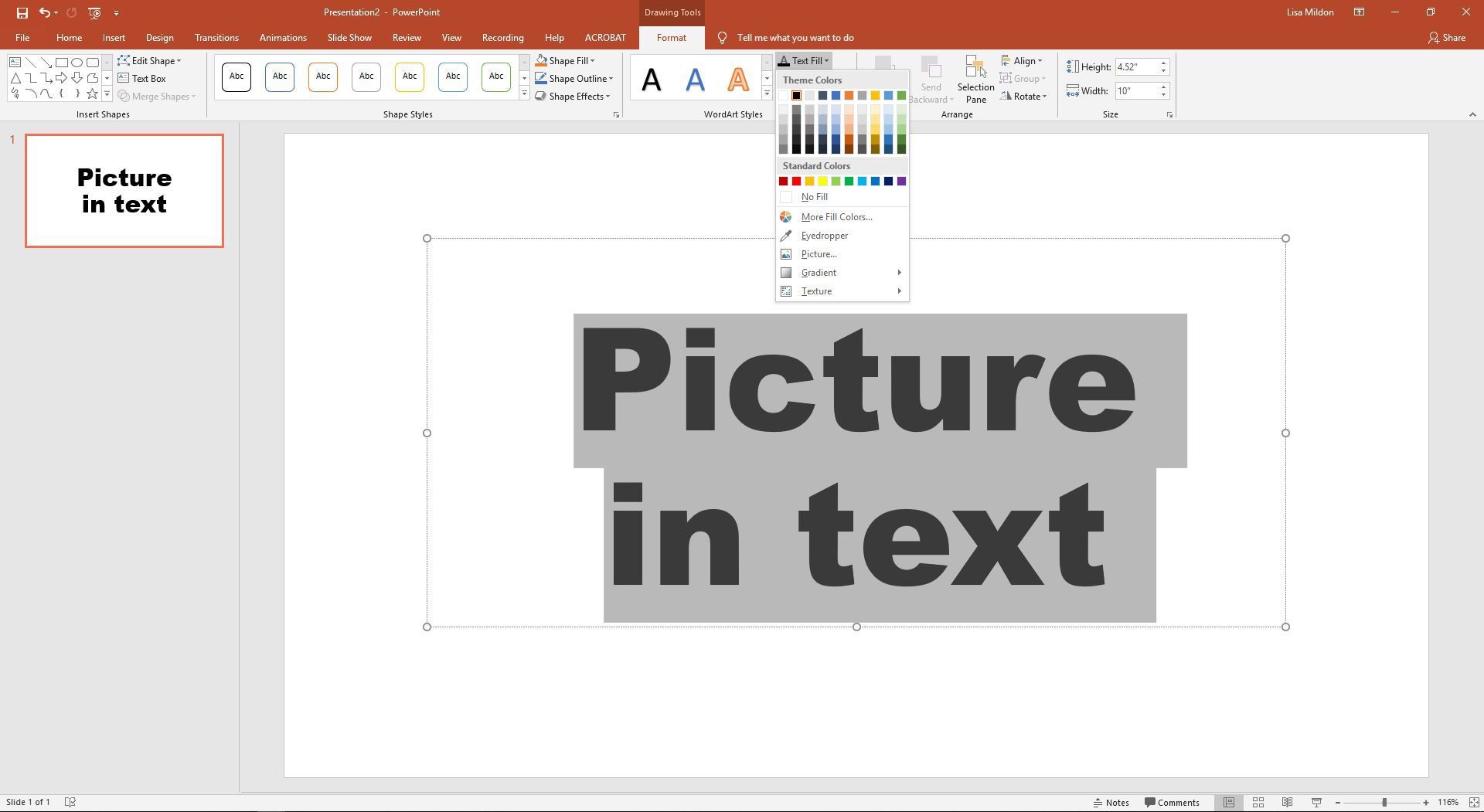 Параметры заполнения текста в PowerPoint.