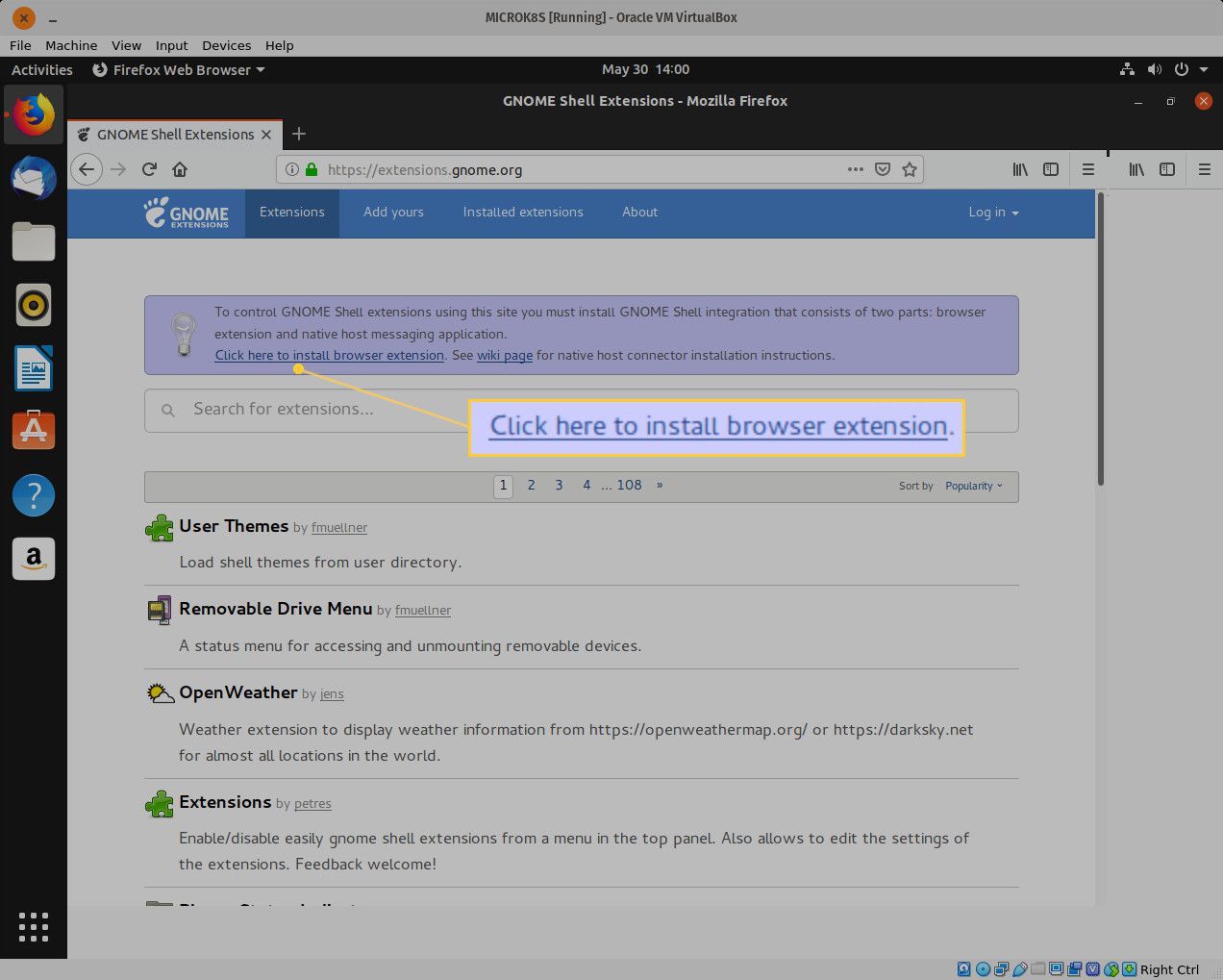 Снимок экрана сайта расширений GNOME.