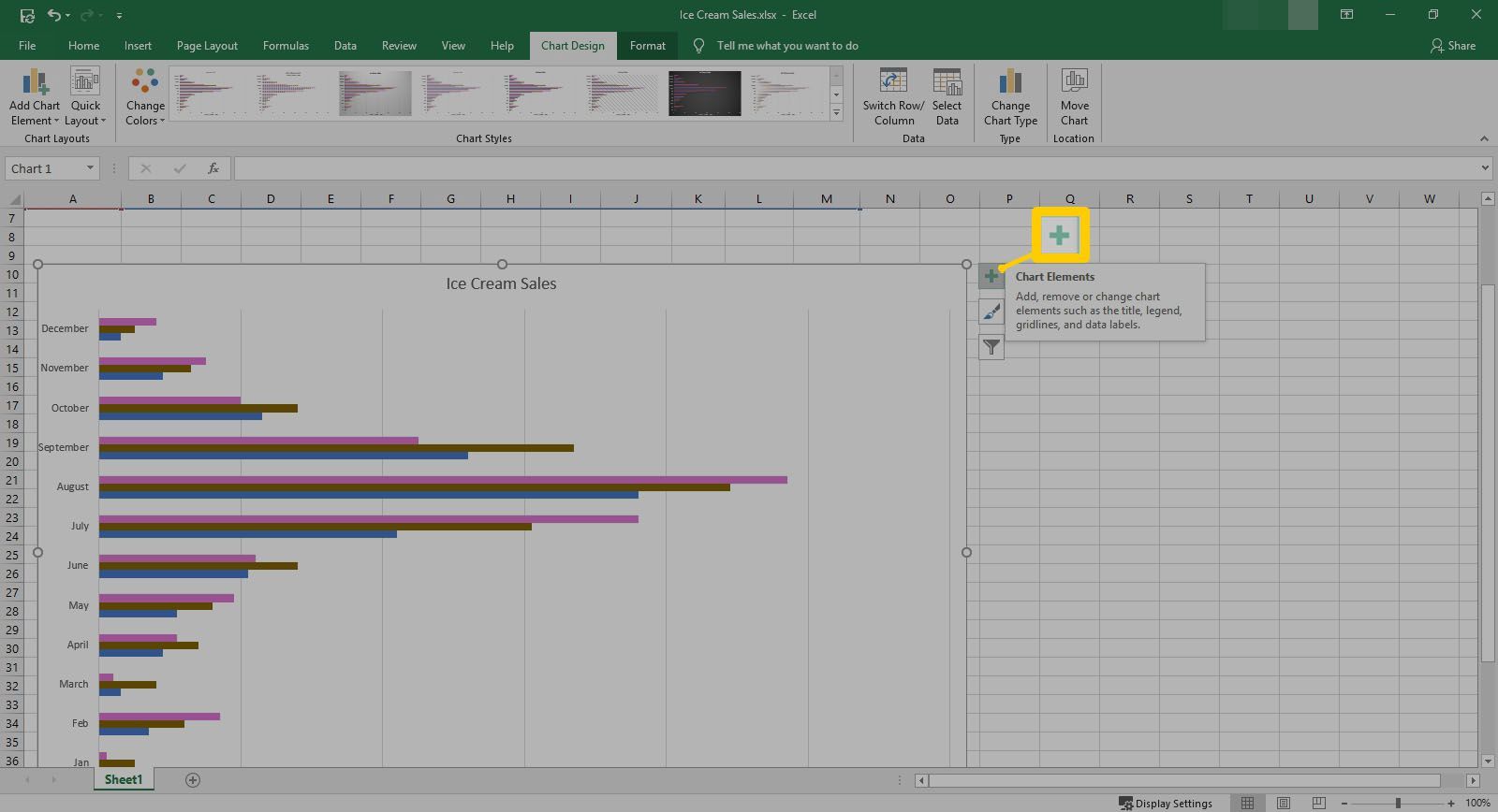 Кнопка Элементы диаграммы выделена в Excel.