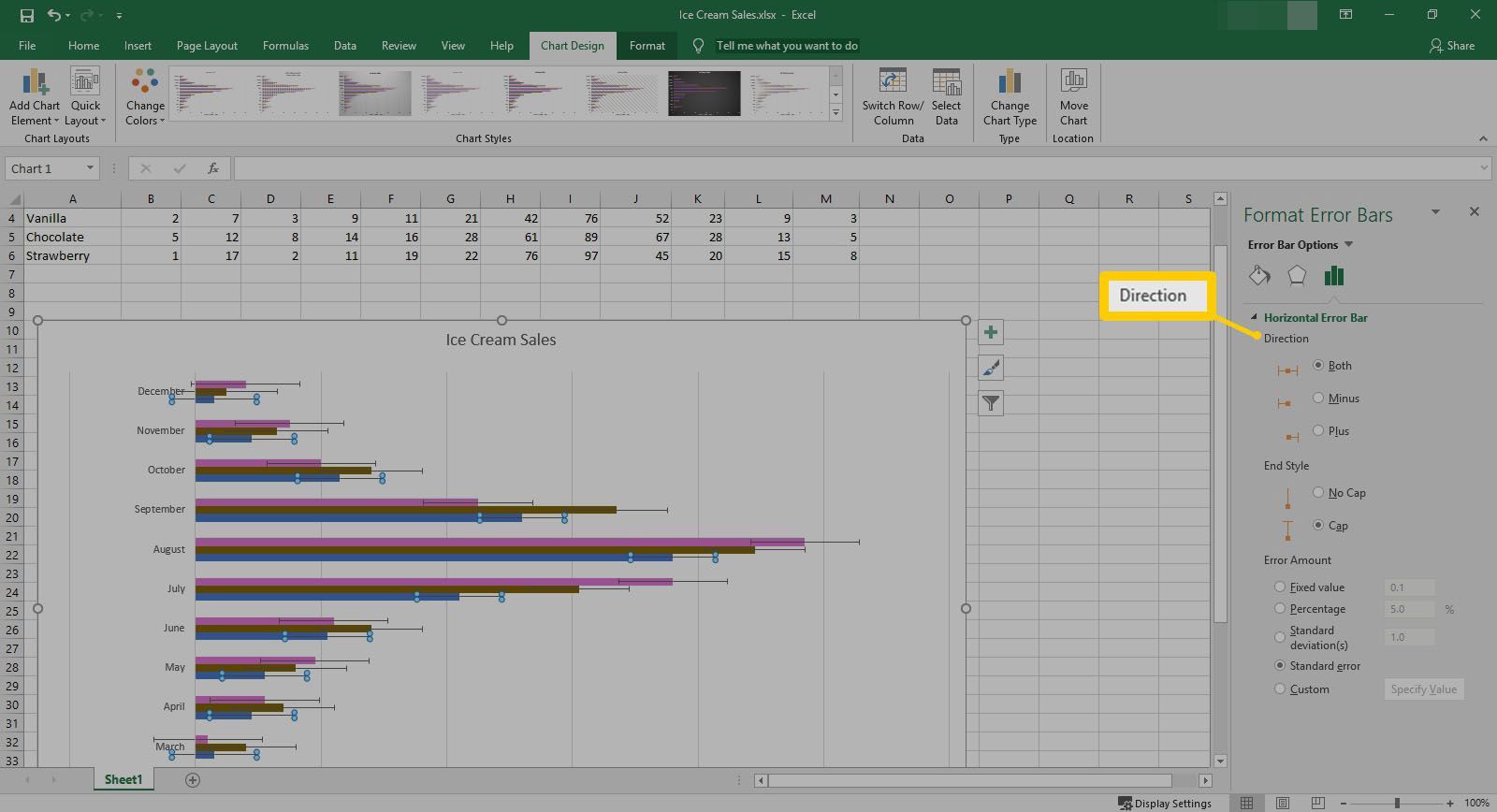 Настройки горизонтальной панели ошибок в Excel.