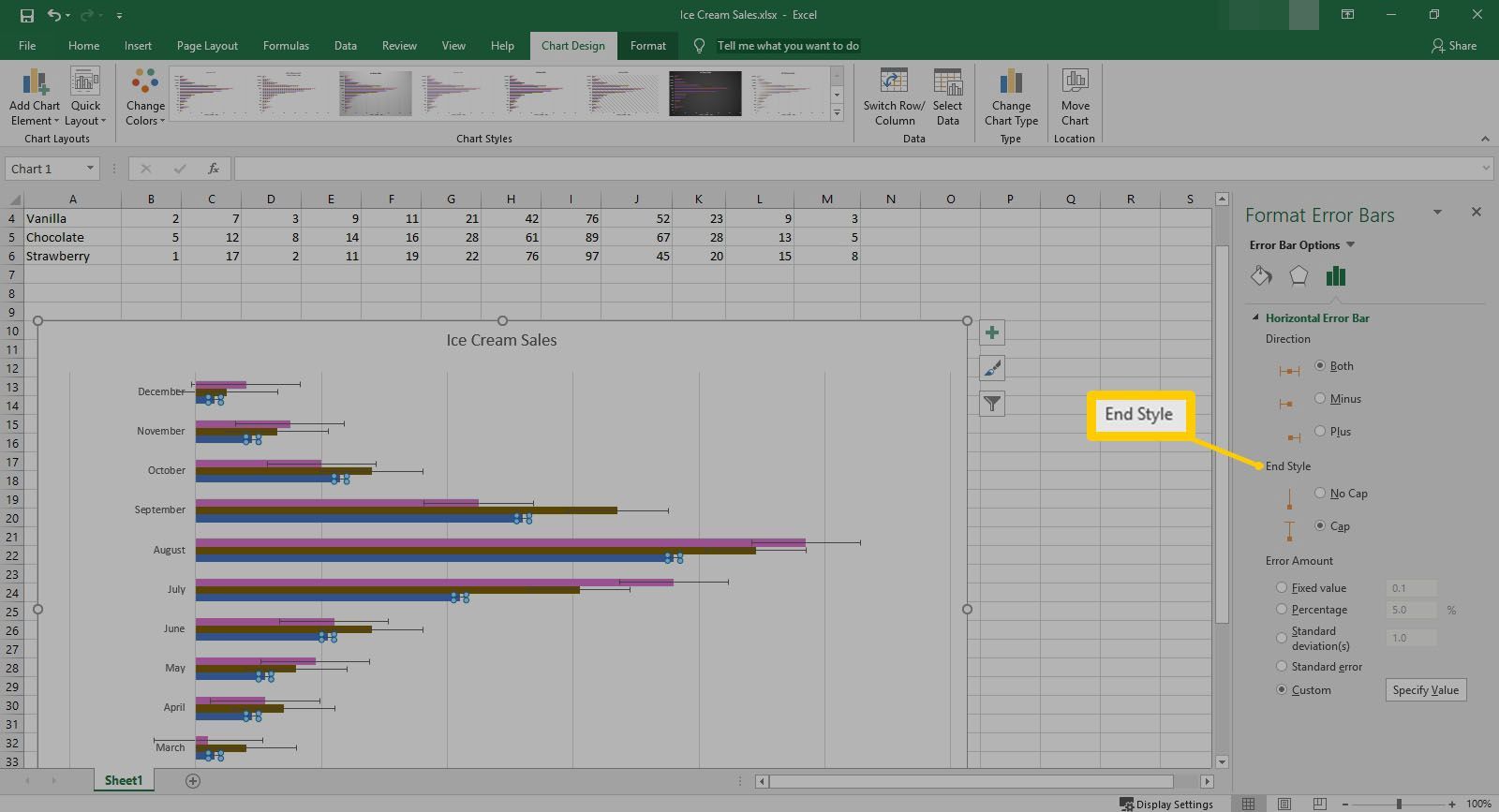Раздел «Стиль конца» панели форматирования ошибок в Excel.