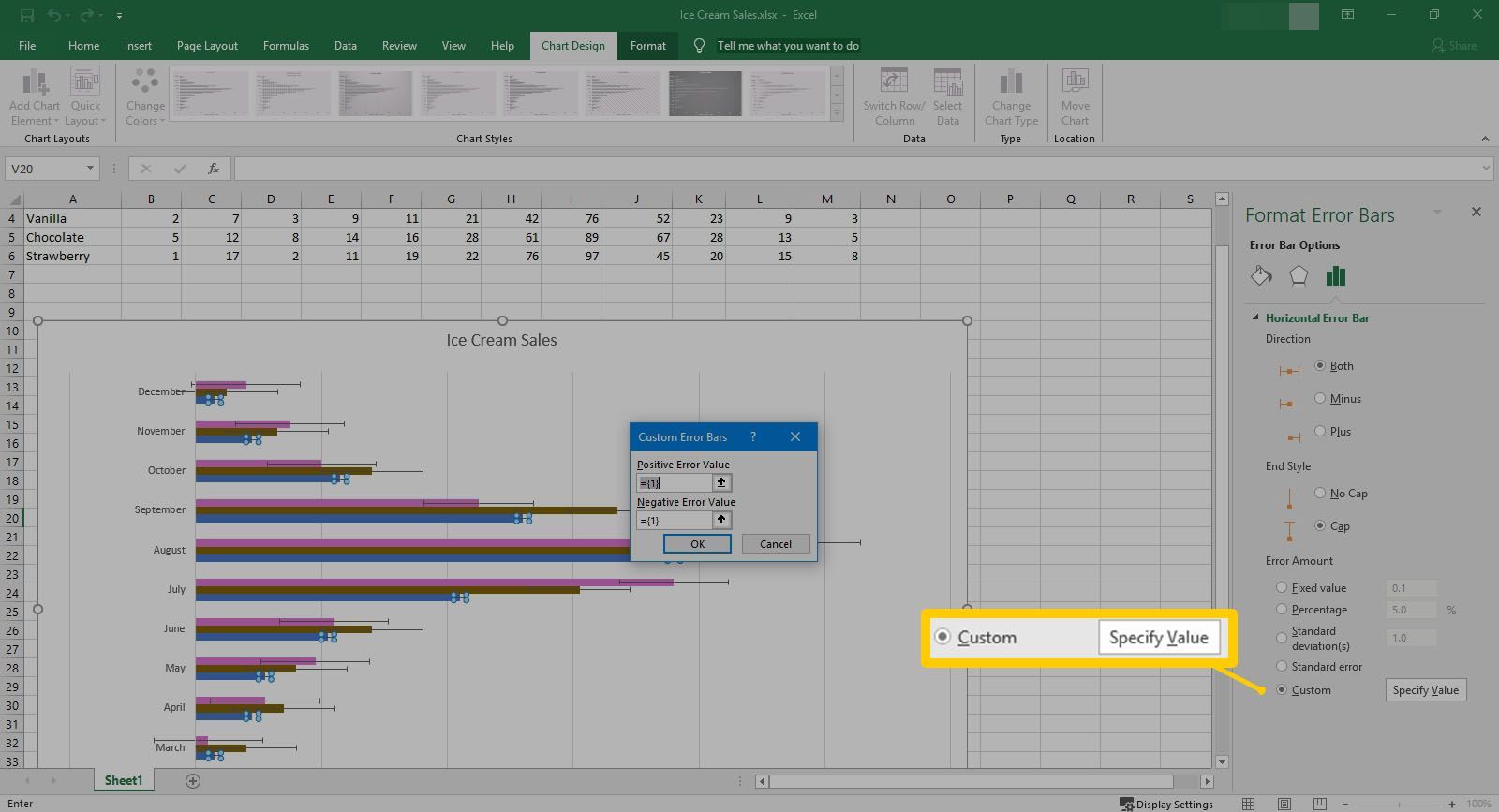 Выбор Custom в сумме ошибок в Excel.
