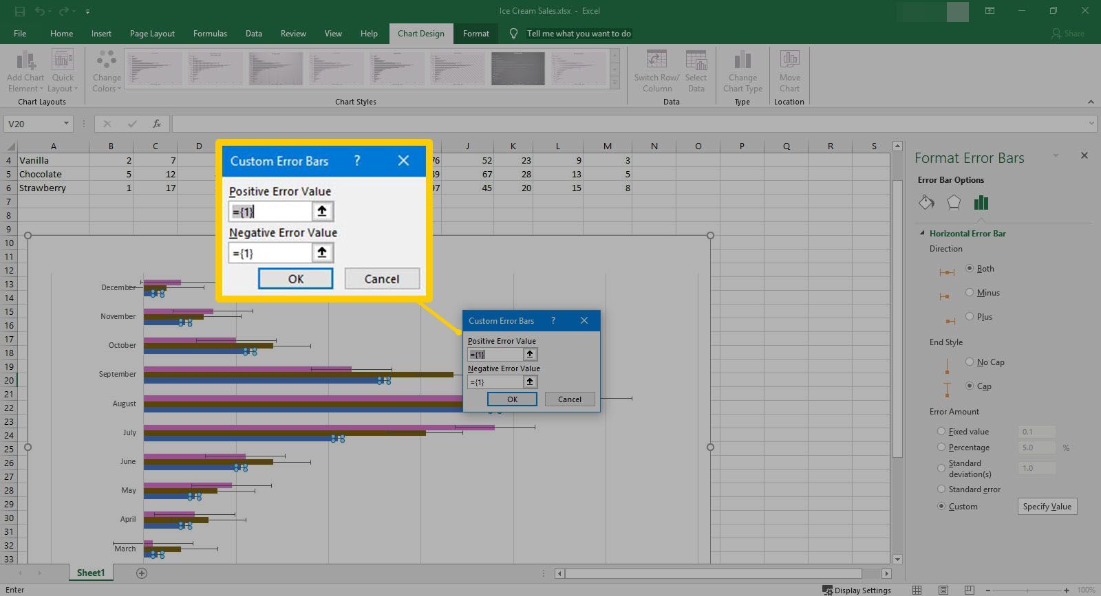 Диалоговое окно «Пользовательские панели ошибок» в Excel.