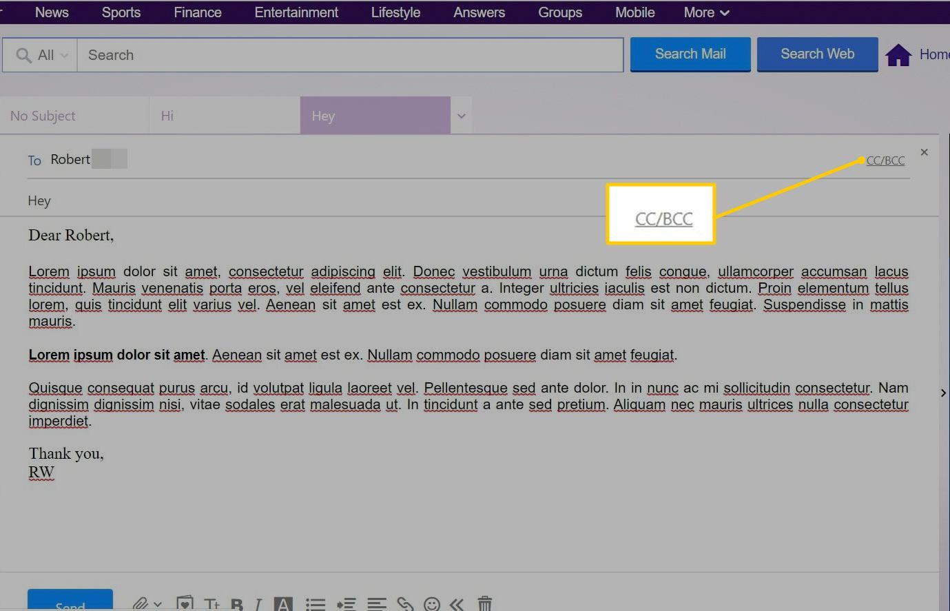 Ссылка CC / BCC в Почте Yahoo