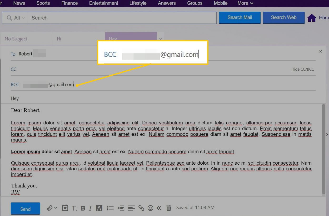 Поле BCC в Yahoo Mail