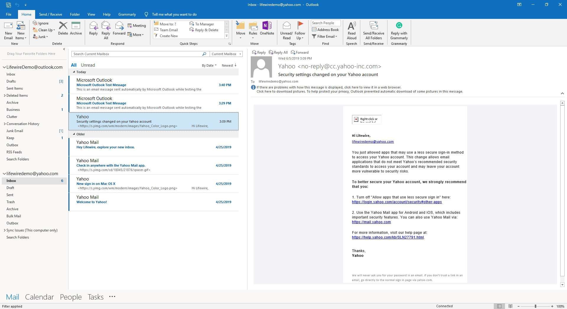 Письма в почтовом ящике Yahoo в Outlook.