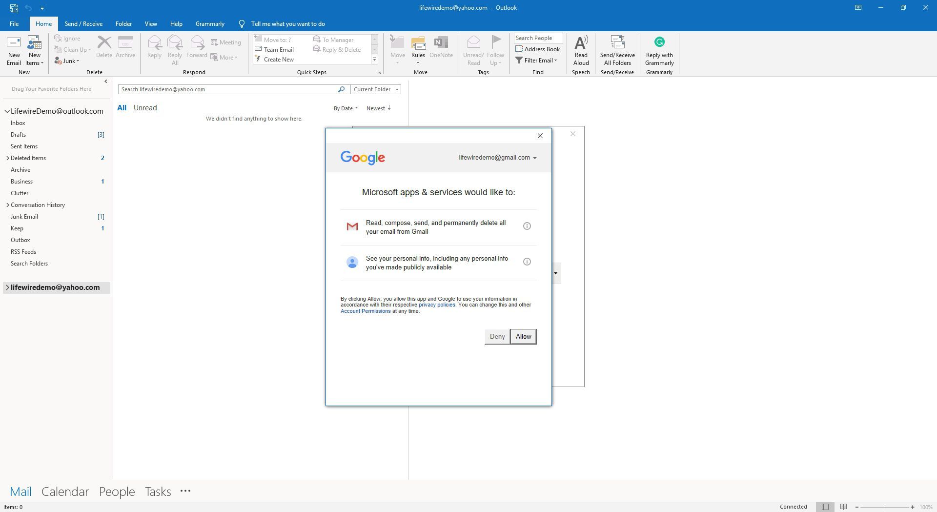 Предоставление Microsoft разрешения на доступ к данным Gmail.